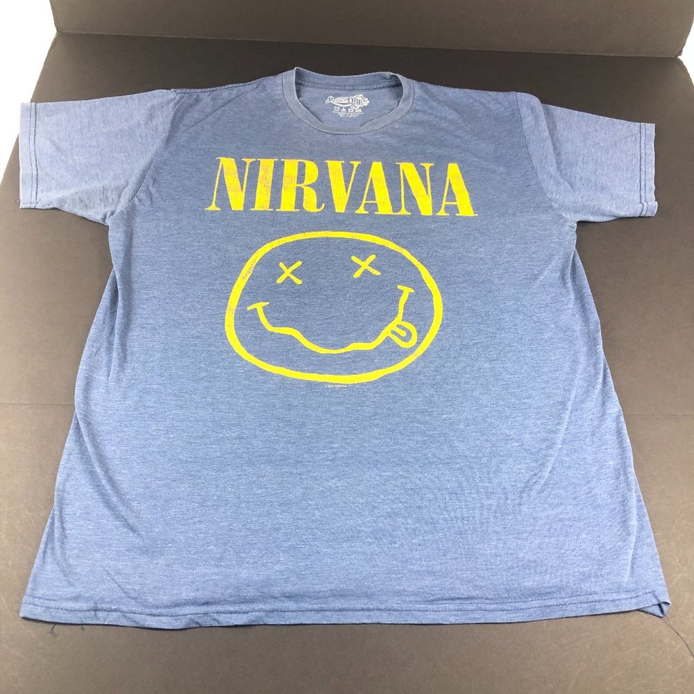 Nirvana Shirt Mens Large Blue & Yellow Smiley Face Logo Tee Six Fifty One Modern